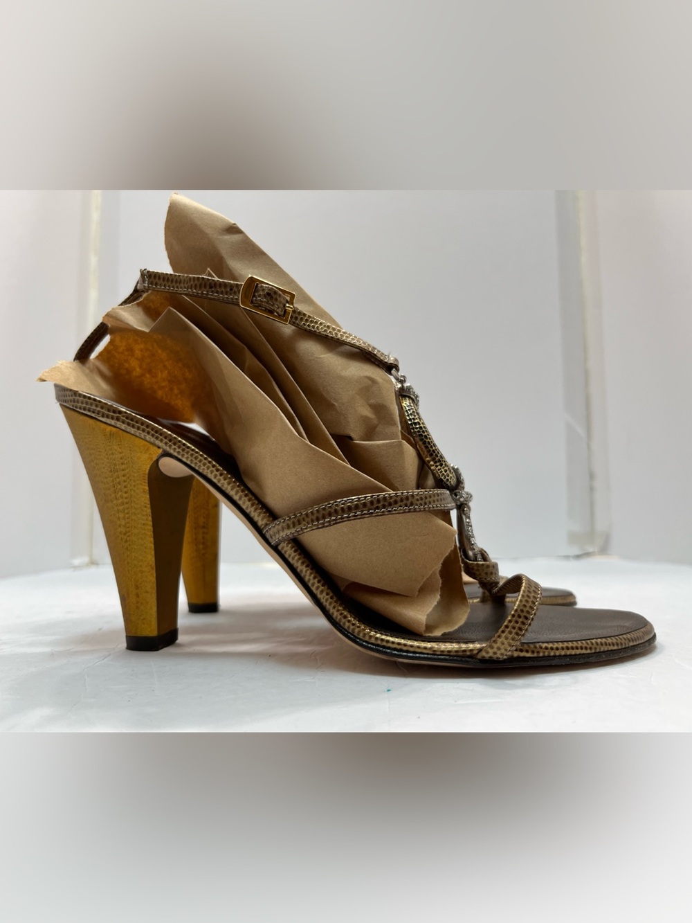 Vintage Vicini Giuseppe Zanotti Gold Crystal T-Strap Sandals Heels Size 9 - Picture 4 of 15